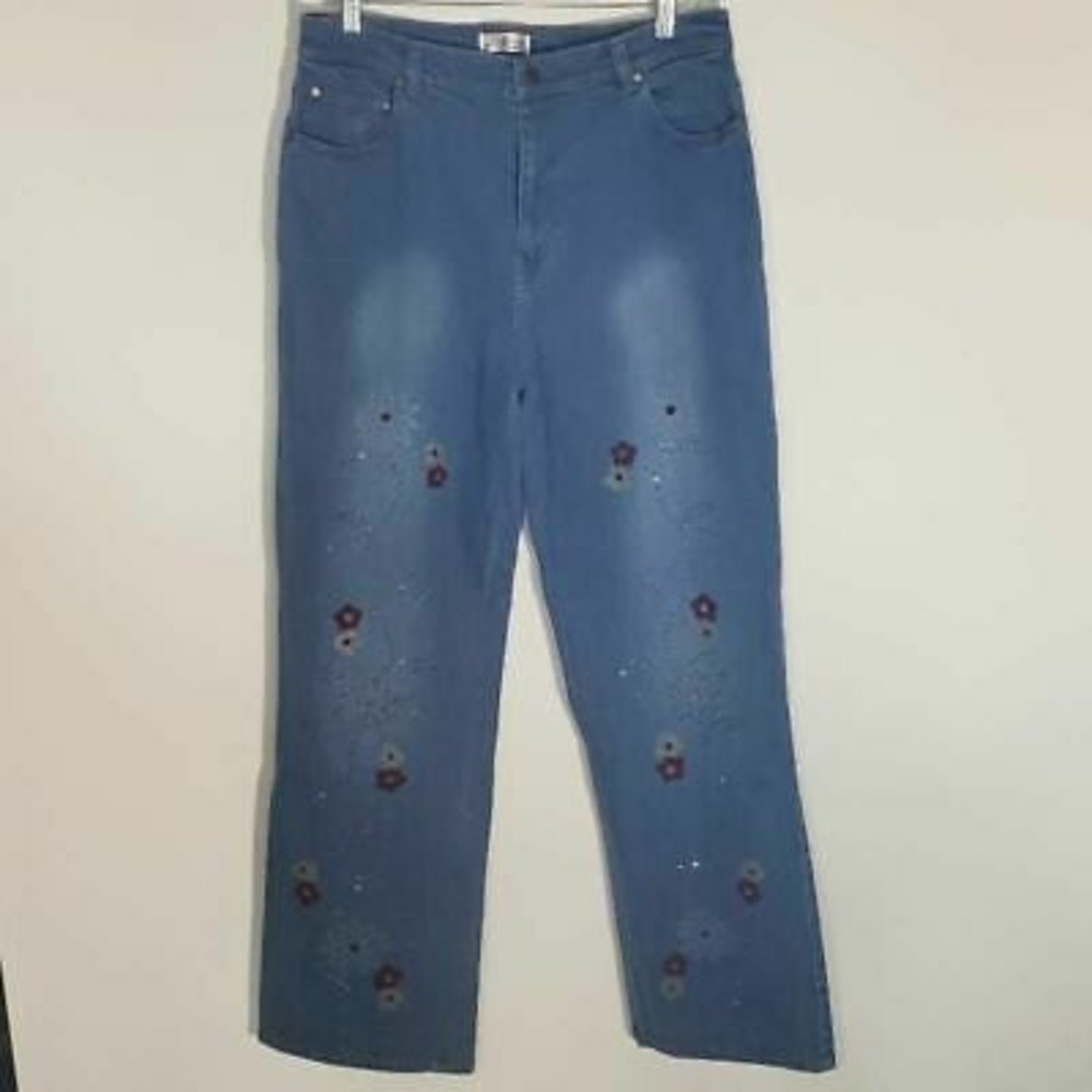 J. Marco Womens Straight Leg Jeans Blue Floral Stretch Medium Wash Beaded 14